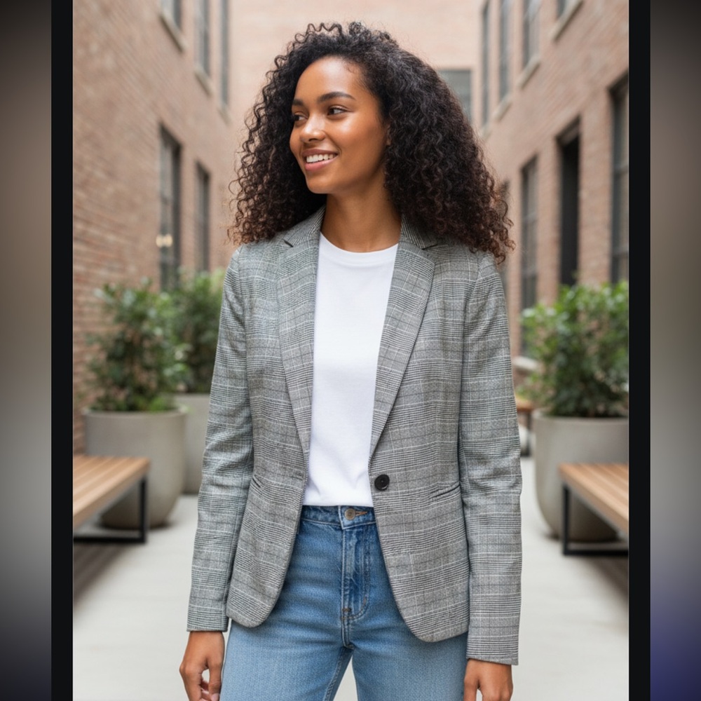 NWT Zara Grey Plaid One Button Blazer Size 2